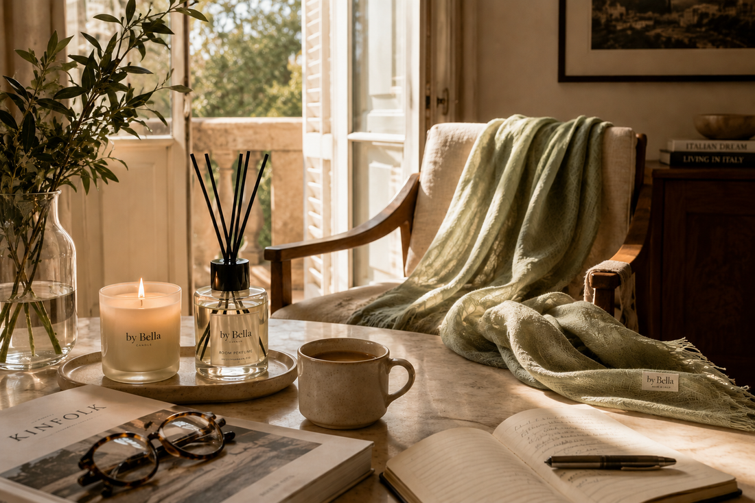 A cosy home scene with candles and soft textiles, evoking September rituals
